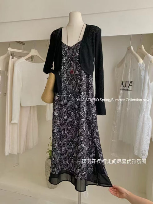 Summer Ladies Spaghetti V-neck Dresses With Cardigan